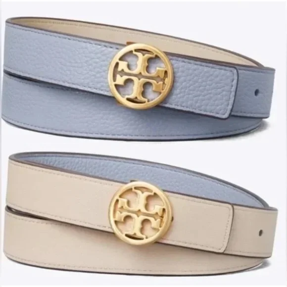 Tory Burch 1" wide Reversible Double T Belt Blue Beige Cloud Blue Longan Gold - Picture 1 of 9